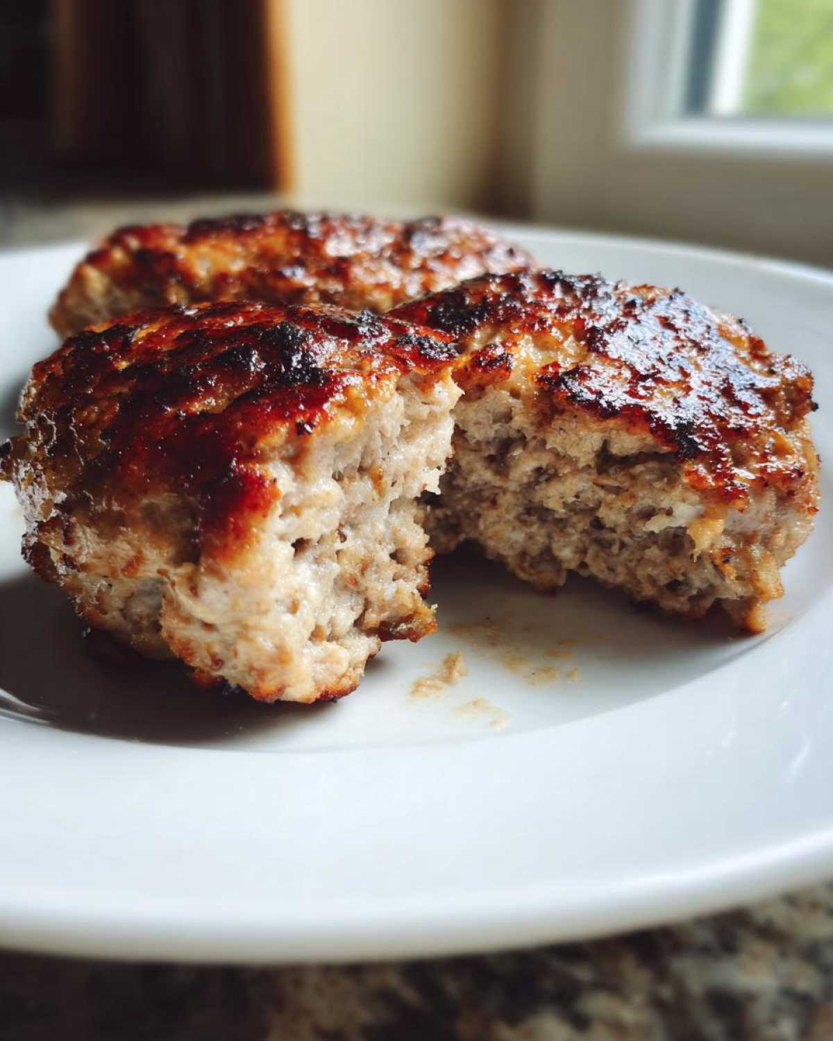 Close-up of two juicy Air Fryer Turkey Burgers on a white plate, one bitten into showing the moist interior.