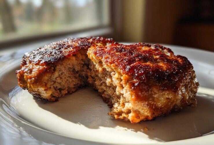 Close-up of a perfectly cooked Air Fryer Turkey Burger, cut open to show its juicy interior and caramelized crust.