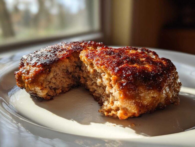 Close-up of a perfectly cooked Air Fryer Turkey Burger, cut open to show its juicy interior and caramelized crust.