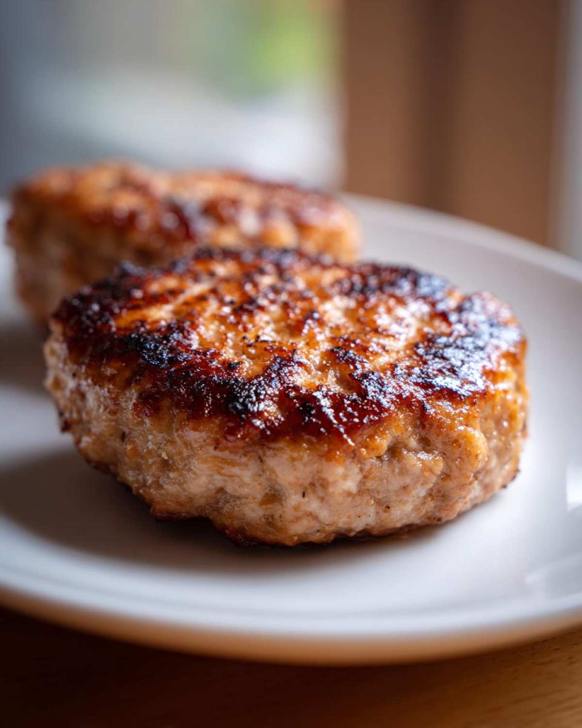 Close-up of a juicy, perfectly seared Air Fryer Turkey Burger resting on a white plate, with another burger blurred in the background.