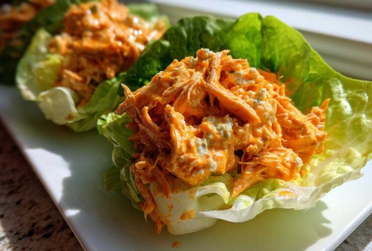 Close-up of shredded chicken mixed with orange buffalo sauce and blue cheese in crisp lettuce cups, showcasing Keto Buffalo Chicken Lettuce Wraps.