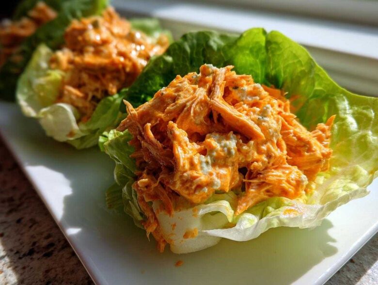 Close-up of shredded chicken mixed with orange buffalo sauce and blue cheese in crisp lettuce cups, showcasing Keto Buffalo Chicken Lettuce Wraps.