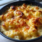 Close-up of baked Keto Cauliflower Mac and Cheese with florets covered in bubbly, browned cheese sauce.