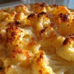 Close-up of baked Keto Cauliflower Mac and Cheese showing cheesy, browned cauliflower florets.