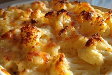 Close-up of baked Keto Cauliflower Mac and Cheese showing cheesy, browned cauliflower florets.