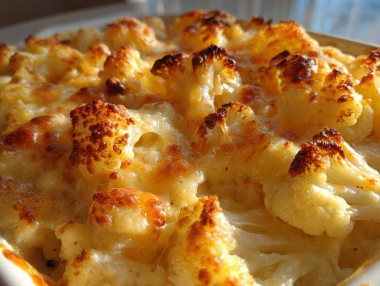 Close-up of baked Keto Cauliflower Mac and Cheese showing cheesy, browned cauliflower florets.