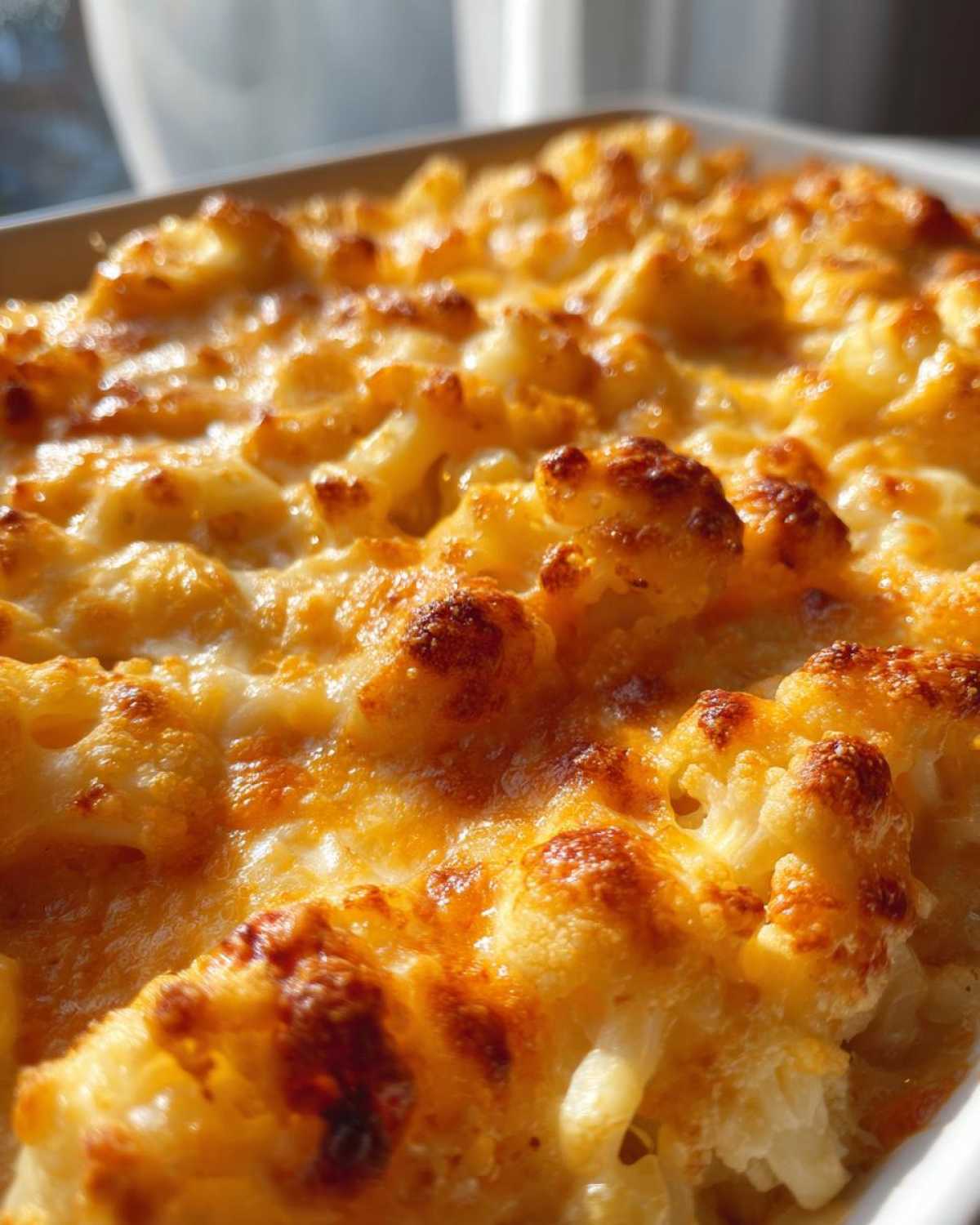 Close-up of bubbling, baked Keto Cauliflower Mac and Cheese with a golden-brown, cheesy crust.