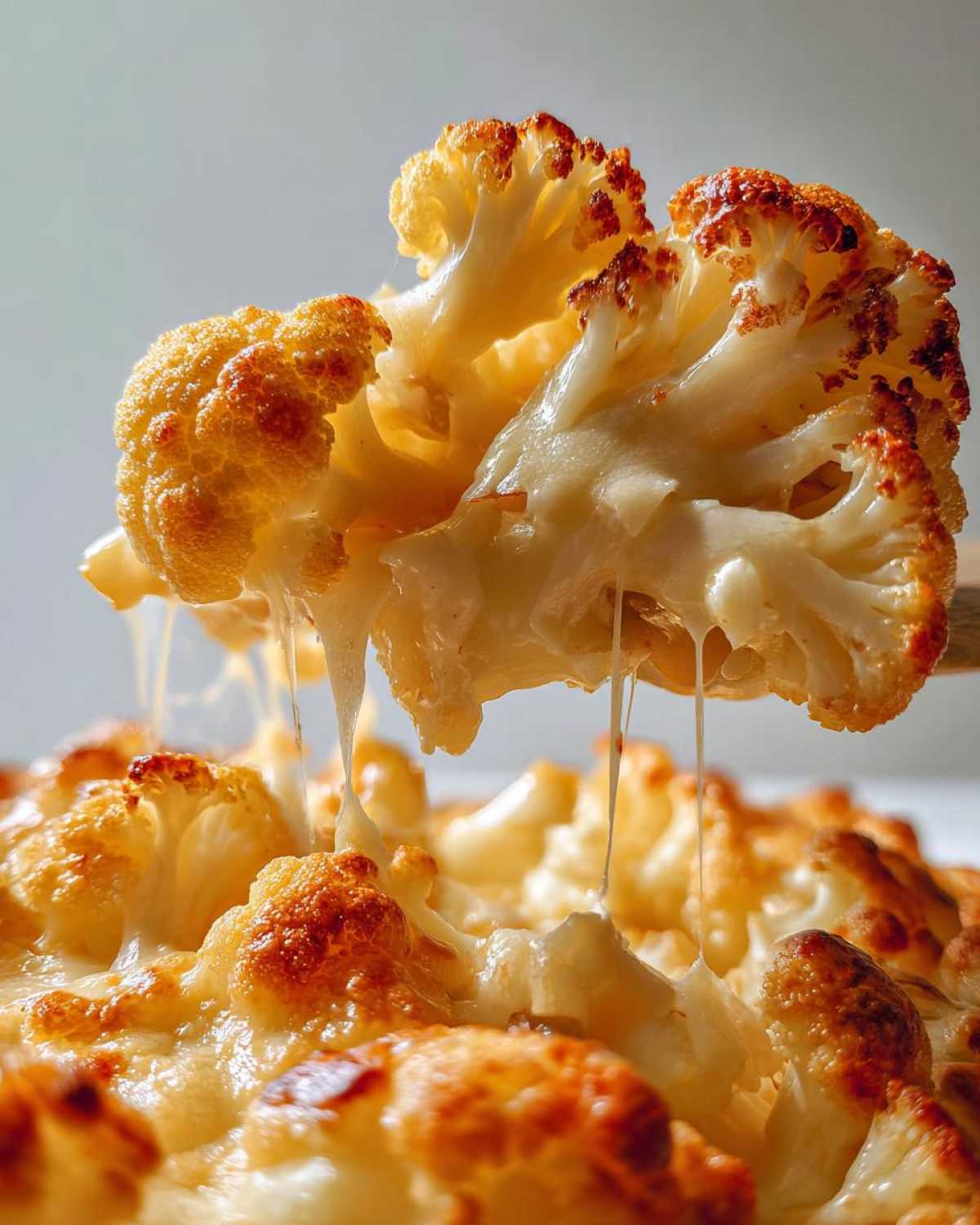 A piece of roasted cauliflower covered in melted, stretchy cheese being lifted from a dish of Keto Cauliflower Mac and Cheese.
