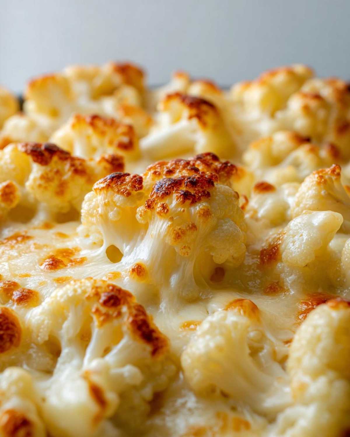 Close-up of baked Keto Cauliflower Mac and Cheese showing tender cauliflower florets covered in creamy, melted, and slightly browned cheese sauce.