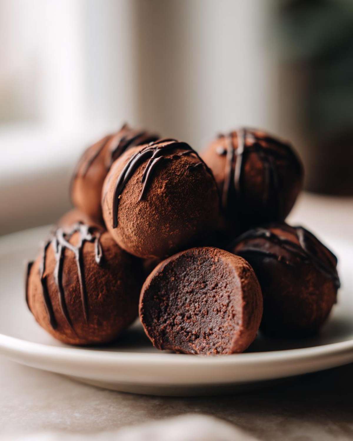 A pile of rich, cocoa-dusted Keto Chocolate Peanut Butter Fat Bombs, one cut open to show the dense filling.