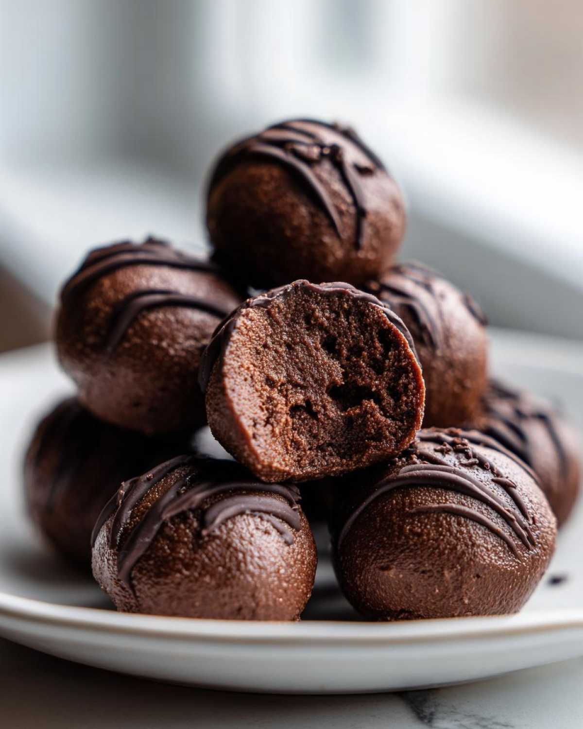 A stack of rich, dark chocolate Keto Chocolate Peanut Butter Fat Bombs, one cut open to show the dense interior.