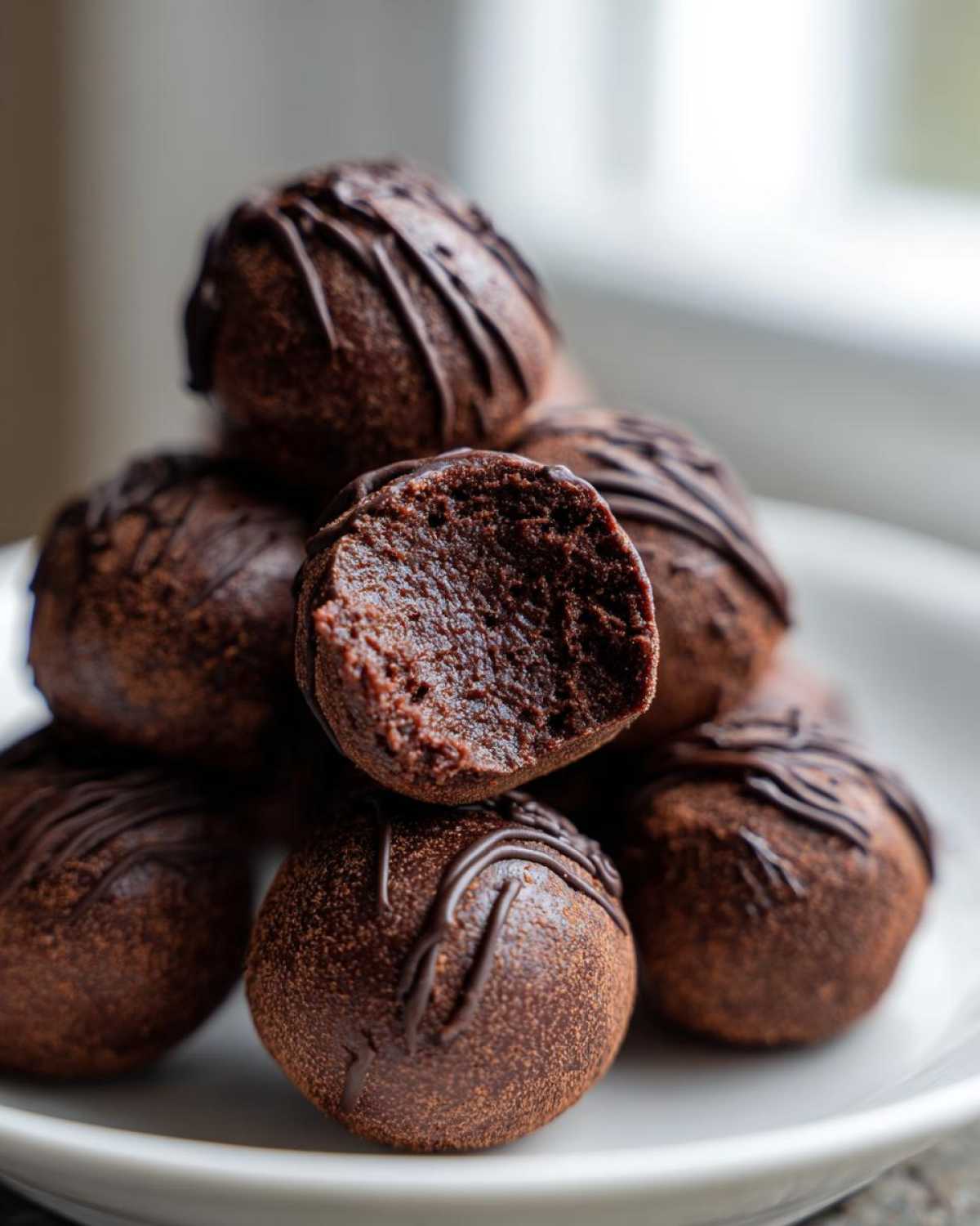 A stack of rich, dark Keto Chocolate Peanut Butter Fat Bombs, one bitten to show the dense interior.