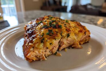 Close-up of a perfectly cooked piece of Keto Garlic Butter Salmon with a golden, cheesy crust and fresh parsley.