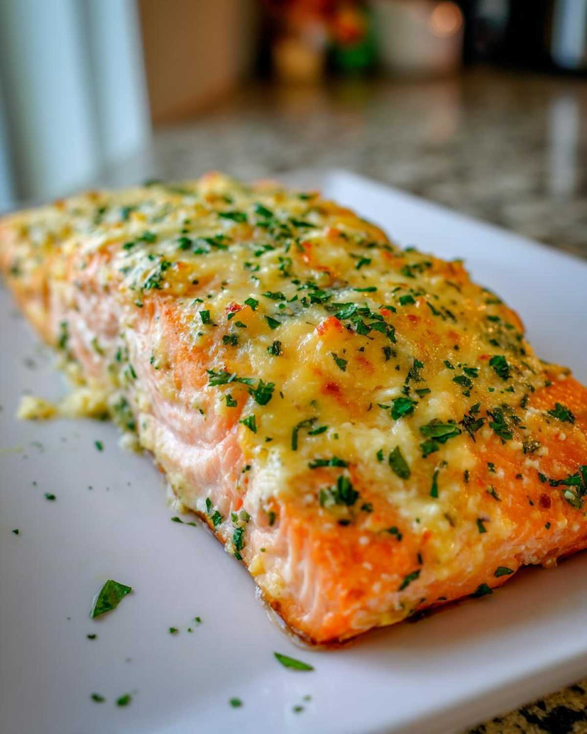 Close-up of a perfectly cooked Keto Garlic Butter Salmon fillet topped with melted garlic butter sauce and fresh parsley.