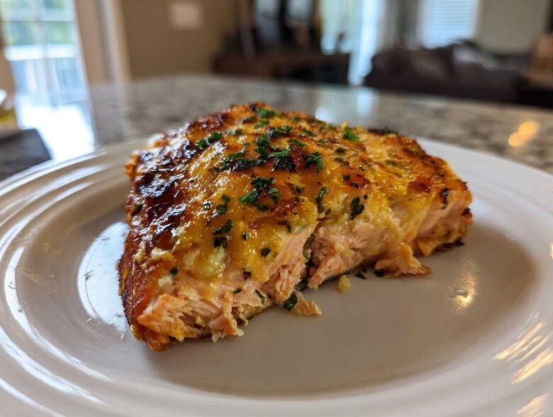 Close-up of a perfectly cooked piece of Keto Garlic Butter Salmon with a golden, cheesy crust and fresh parsley.