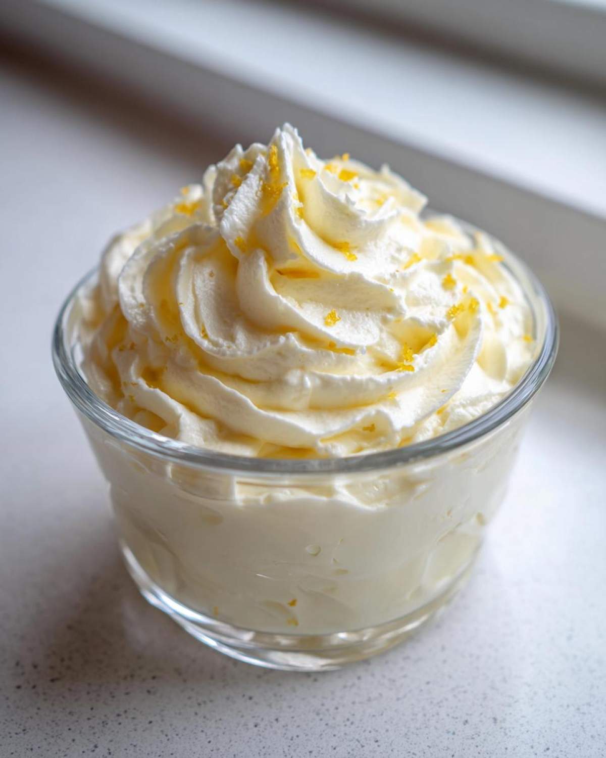 Close-up of Keto Lemon Cheesecake Mousse served in a glass, topped with piped whipped cream and lemon zest.