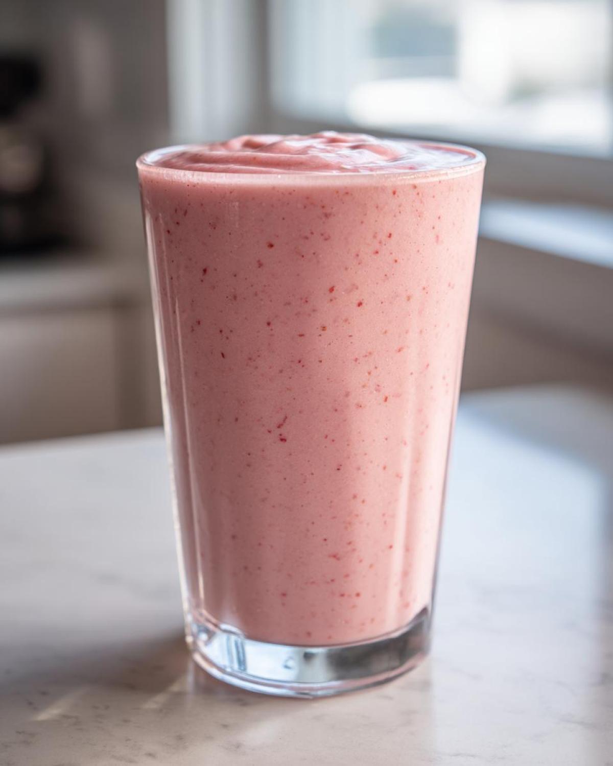 A tall glass filled with a thick, pink Keto Strawberry Cheesecake Smoothie, sitting on a light countertop.