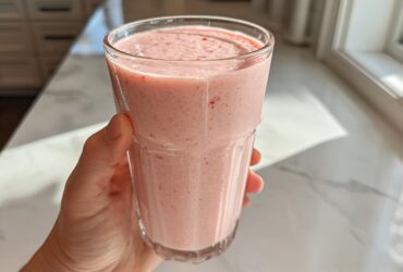 A hand holds a tall glass filled with a thick, pink Keto Strawberry Cheesecake Smoothie near a bright kitchen window.
