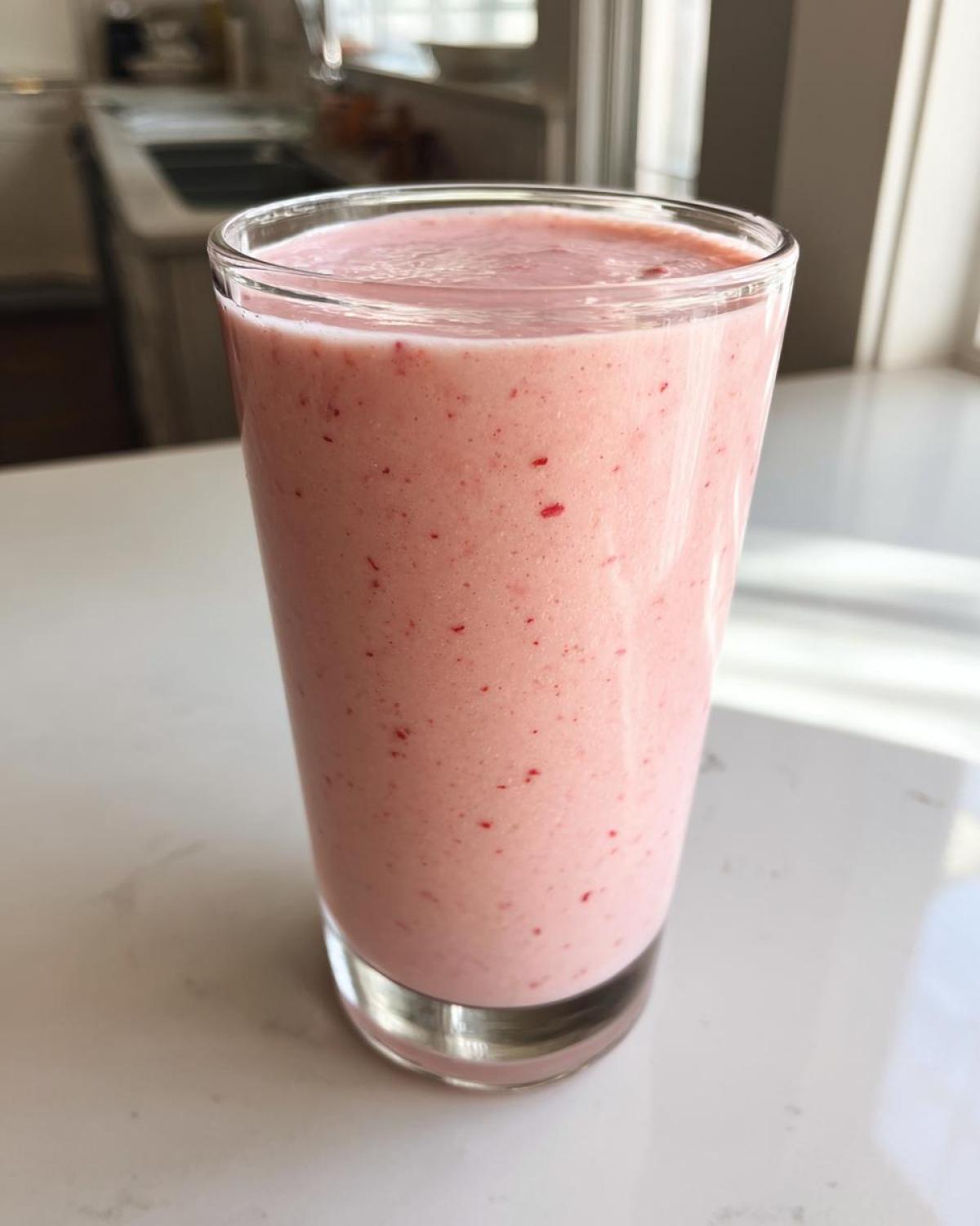 A tall glass filled with a creamy, pink Keto Strawberry Cheesecake Smoothie, sitting on a white countertop.