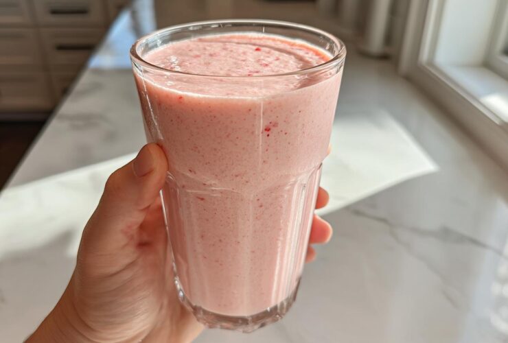 A hand holds a tall glass filled with a thick, pink Keto Strawberry Cheesecake Smoothie near a bright kitchen window.