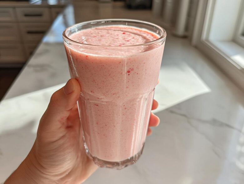 A hand holds a tall glass filled with a thick, pink Keto Strawberry Cheesecake Smoothie near a bright kitchen window.