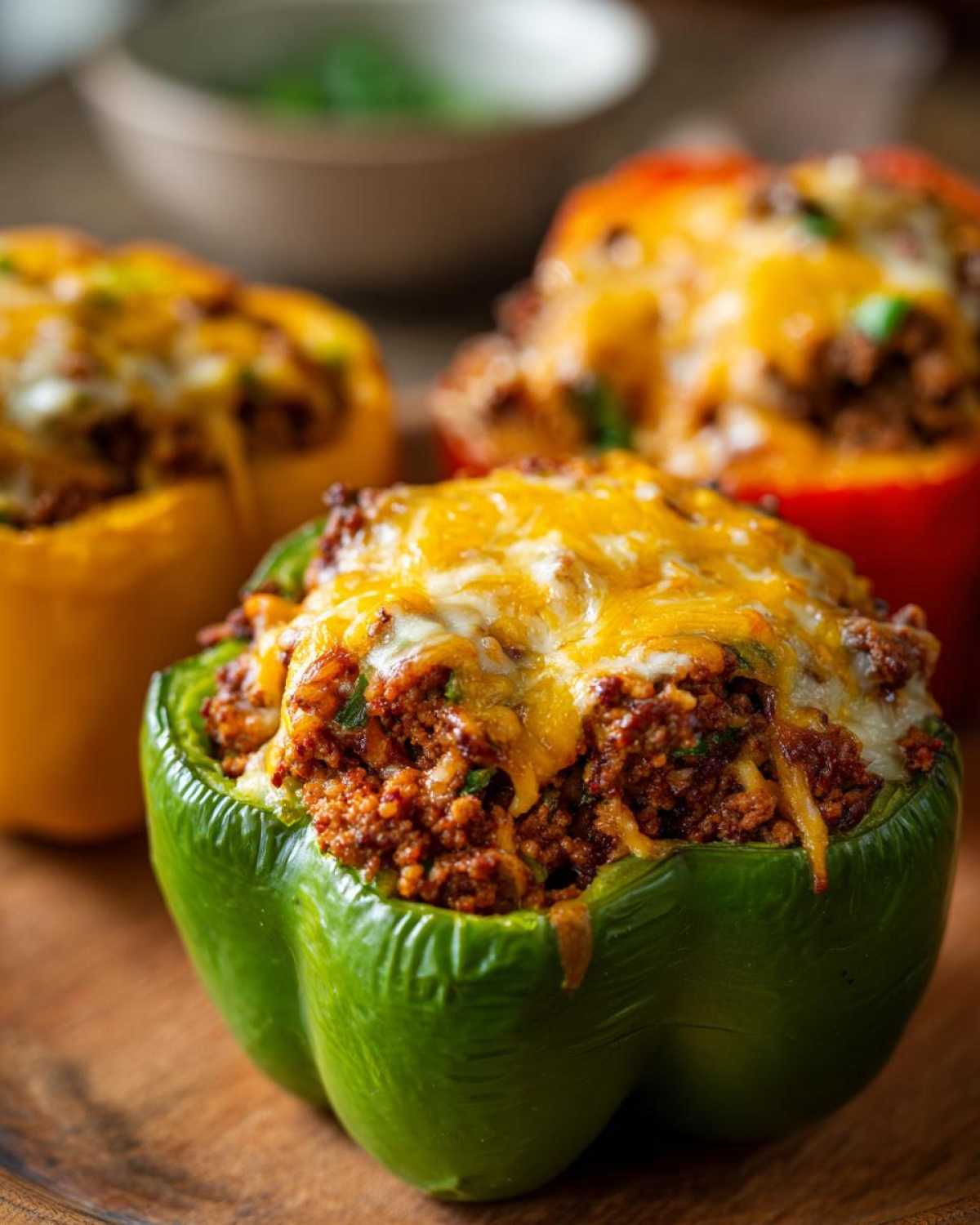 Close-up of a green Keto Taco Stuffed Pepper overflowing with seasoned ground meat and melted cheddar cheese.