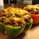 Close-up of a green bell pepper half filled with seasoned ground meat and melted cheddar cheese, one of the Keto Taco Stuffed Peppers.