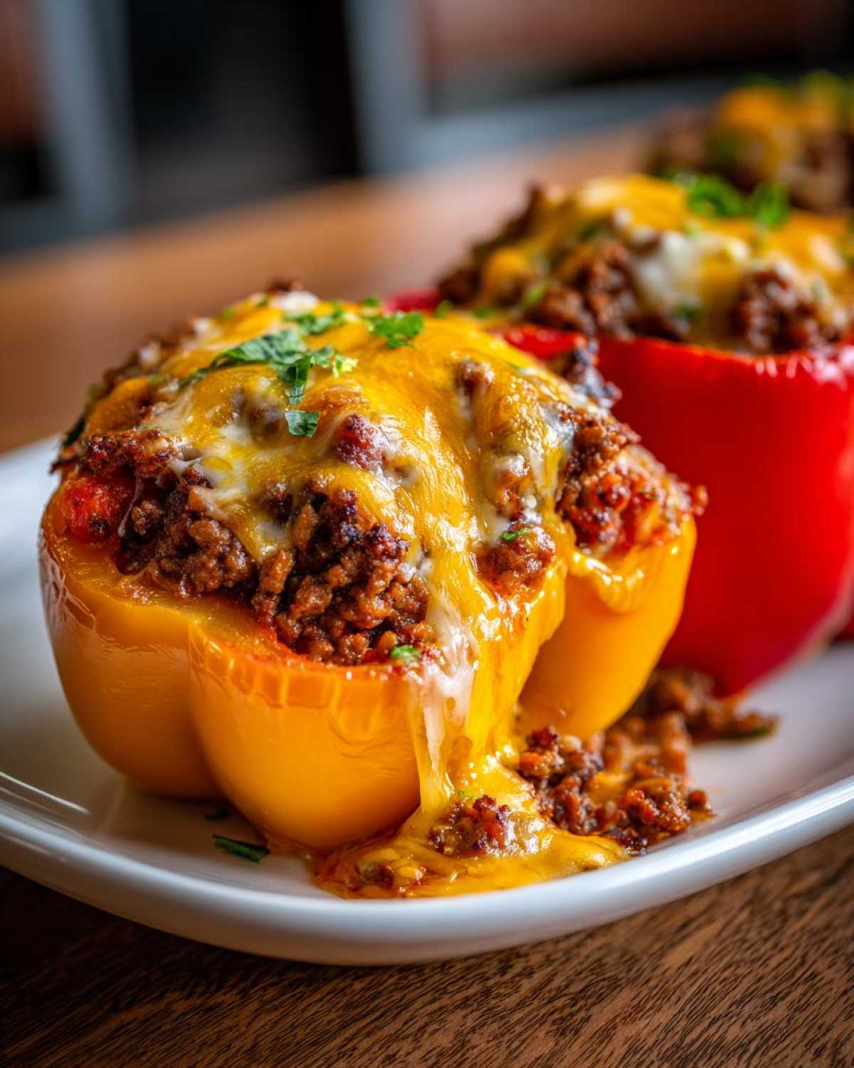 Close-up of a yellow Keto Taco Stuffed Pepper overflowing with seasoned ground meat and melted cheddar cheese.