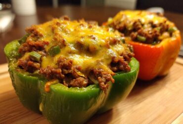 Close-up of a green bell pepper half filled with seasoned ground meat and melted cheddar cheese, one of the Keto Taco Stuffed Peppers.
