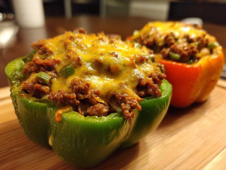 Close-up of a green bell pepper half filled with seasoned ground meat and melted cheddar cheese, one of the Keto Taco Stuffed Peppers.