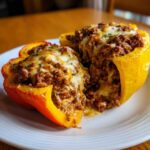 Two halves of Keto Taco Stuffed Peppers filled with seasoned ground meat and topped with melted cheese.