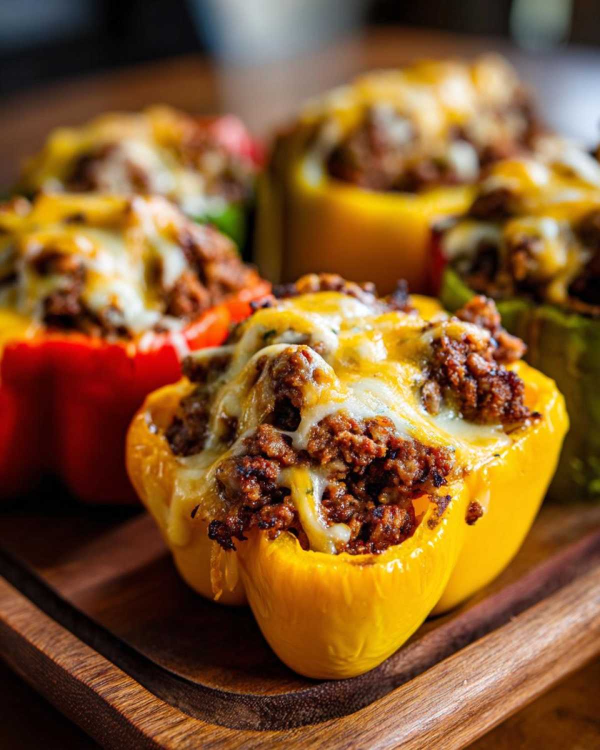 Close-up of yellow Keto Taco Stuffed Peppers topped with seasoned ground meat and melted cheese.