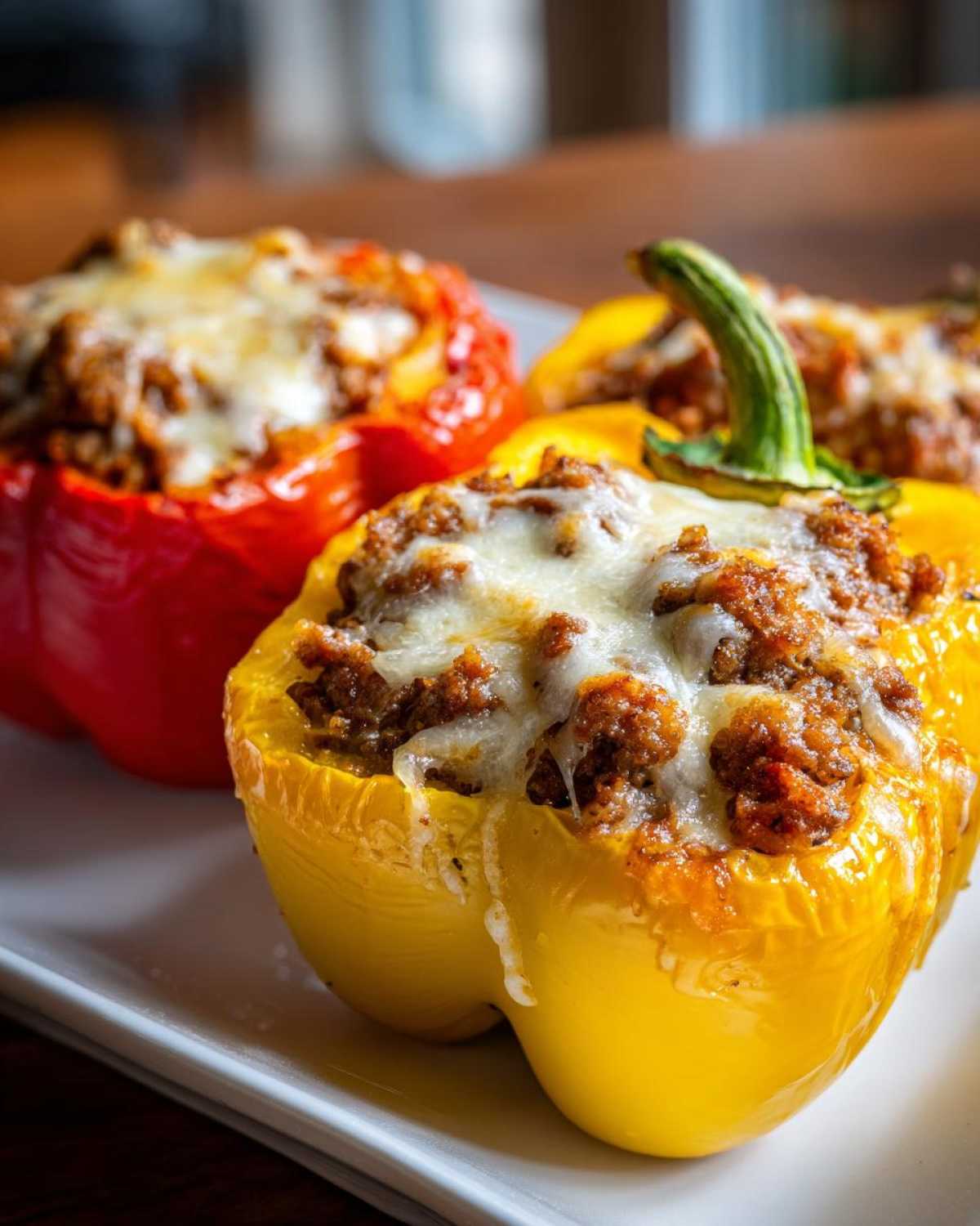 Close-up of yellow and red bell peppers filled with seasoned ground meat and topped with melted cheese, ready to eat Keto Taco Stuffed Peppers.