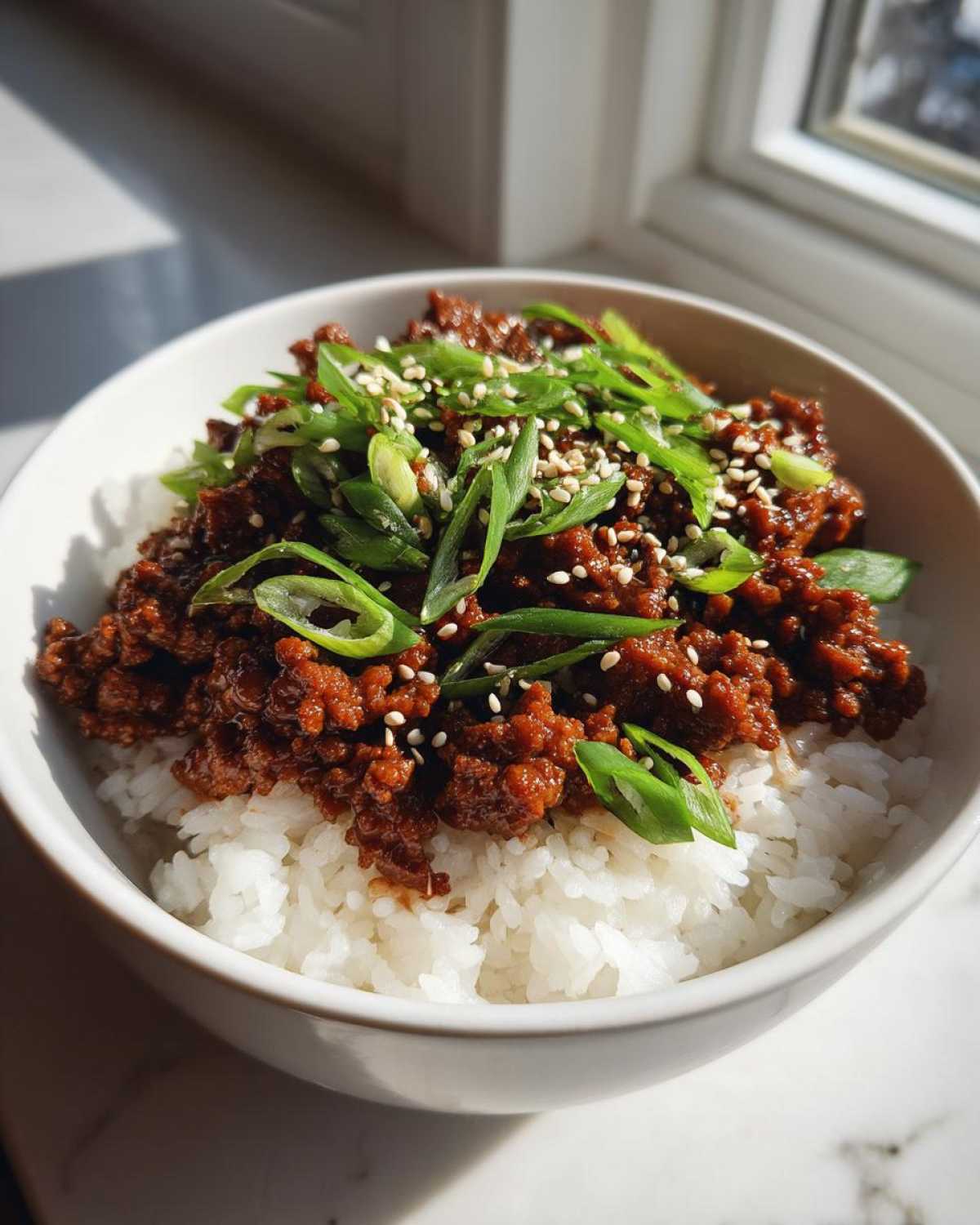 A close-up of a white bowl filled with white rice topped with saucy Korean Ground Beef Bulgogi Bowls, garnished with green onions and sesame seeds.