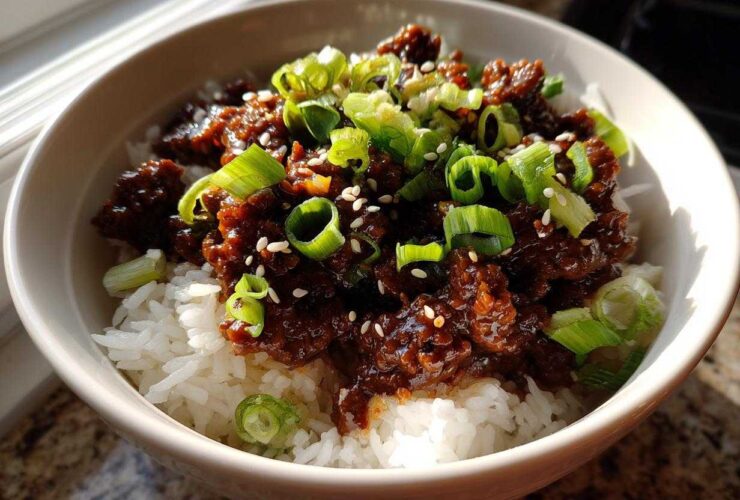 A close-up of Korean Ground Beef Bulgogi Bowls featuring savory ground beef over white rice, garnished with sliced green onions and sesame seeds.