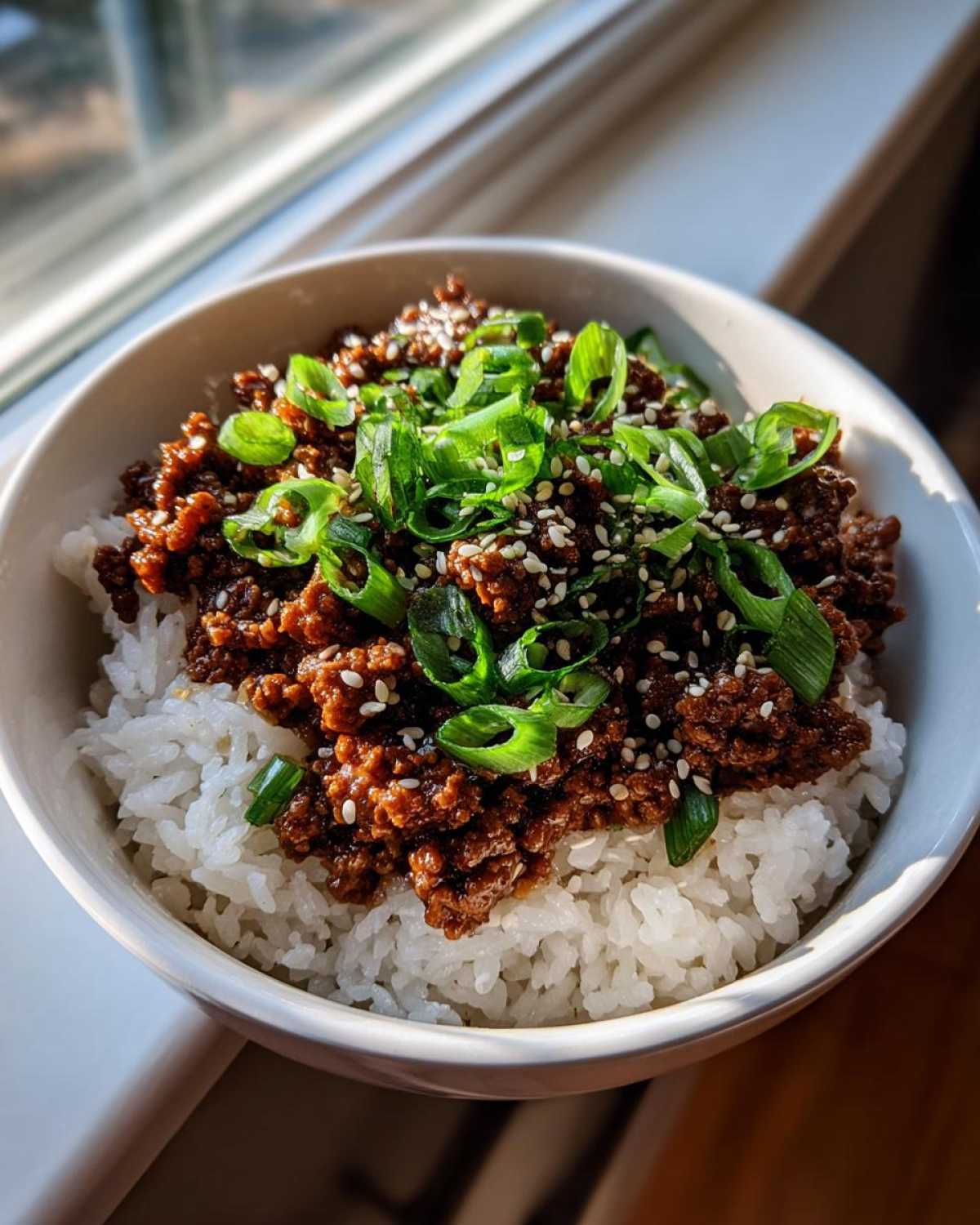 A white bowl filled with white rice topped with saucy Korean Ground Beef Bulgogi Bowls and garnished with green onions and sesame seeds.