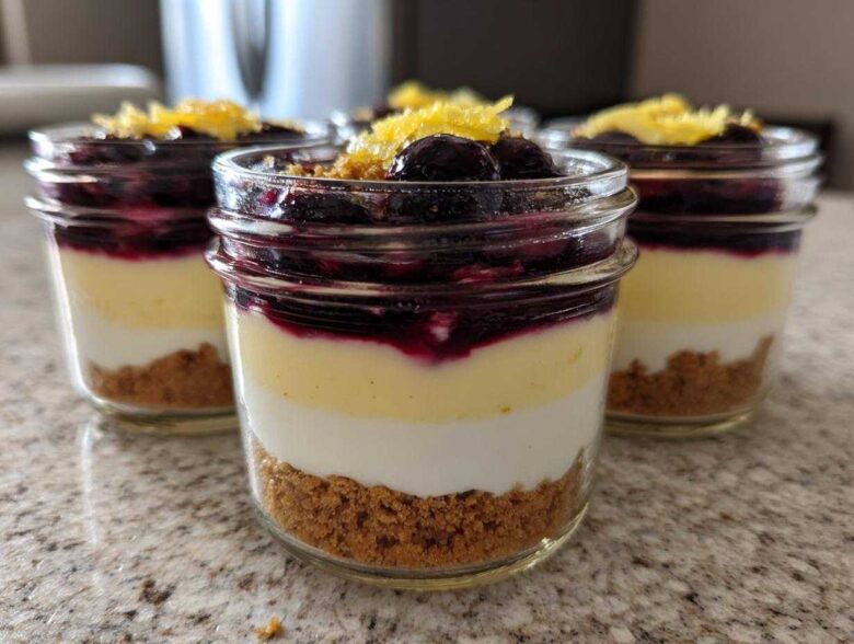 Three individual Lemon Blueberry Cheesecake Jars showing graham cracker crust, cream cheese layers, blueberry topping, and lemon zest.