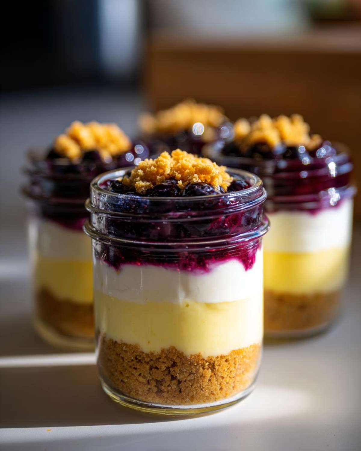 Close-up of a layered Lemon Blueberry Cheesecake Jars showing graham cracker crust, lemon curd, cream cheese, and blueberry topping.