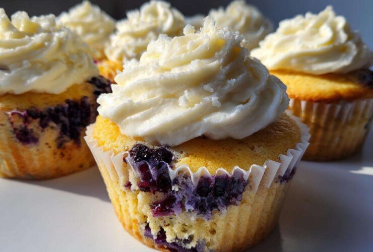 Close-up of Lemon Blueberry Cupcakes topped with swirls of white cream cheese frosting.