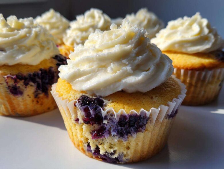 Close-up of Lemon Blueberry Cupcakes topped with swirls of white cream cheese frosting.