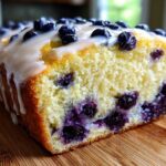Close-up of a slice of Lemon Blueberry Yogurt Loaf showing moist crumb and fresh blueberries, topped with a sweet glaze.