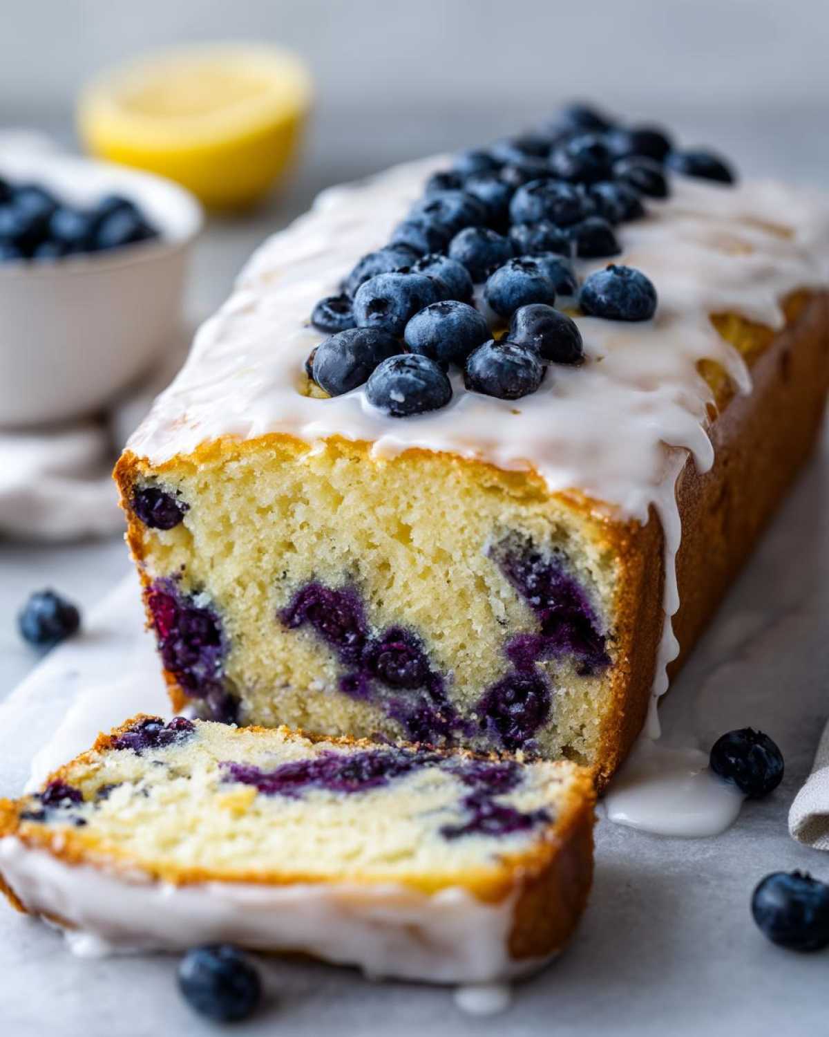 A slice cut from a Lemon Blueberry Yogurt Loaf topped with white glaze and fresh blueberries.