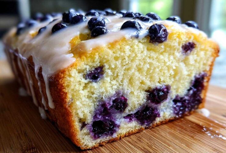Close-up of a slice of Lemon Blueberry Yogurt Loaf showing moist crumb and fresh blueberries, topped with a sweet glaze.