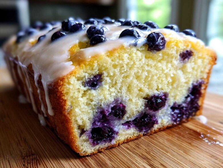 Close-up of a slice of Lemon Blueberry Yogurt Loaf showing moist crumb and fresh blueberries, topped with a sweet glaze.