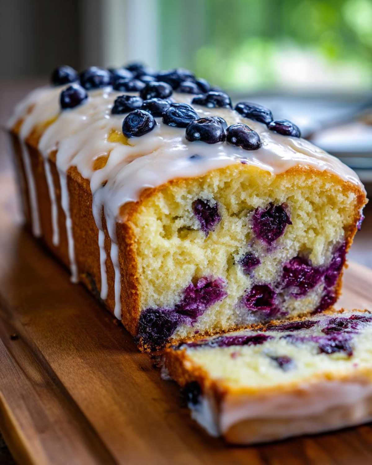 A close-up of a sliced Lemon Blueberry Yogurt Loaf topped with white glaze and fresh blueberries.