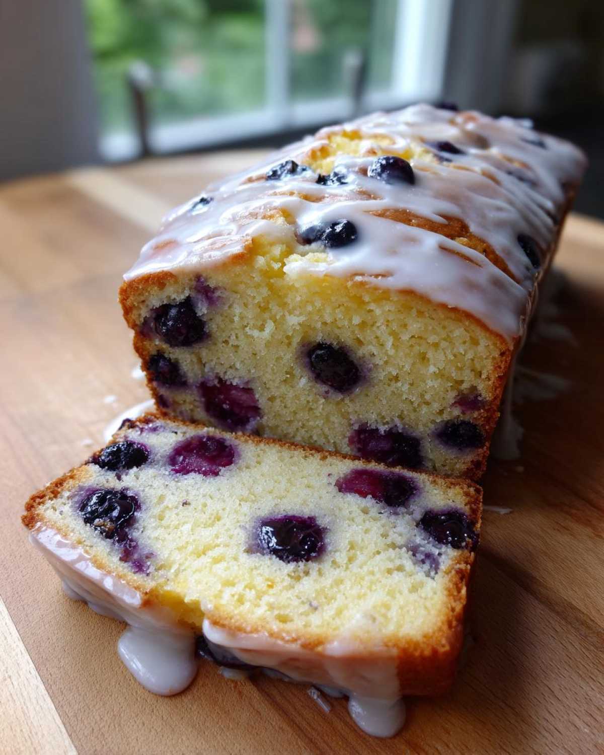 A moist Lemon Blueberry Yogurt Loaf with a thick white glaze, showing a slice cut away revealing juicy blueberries.