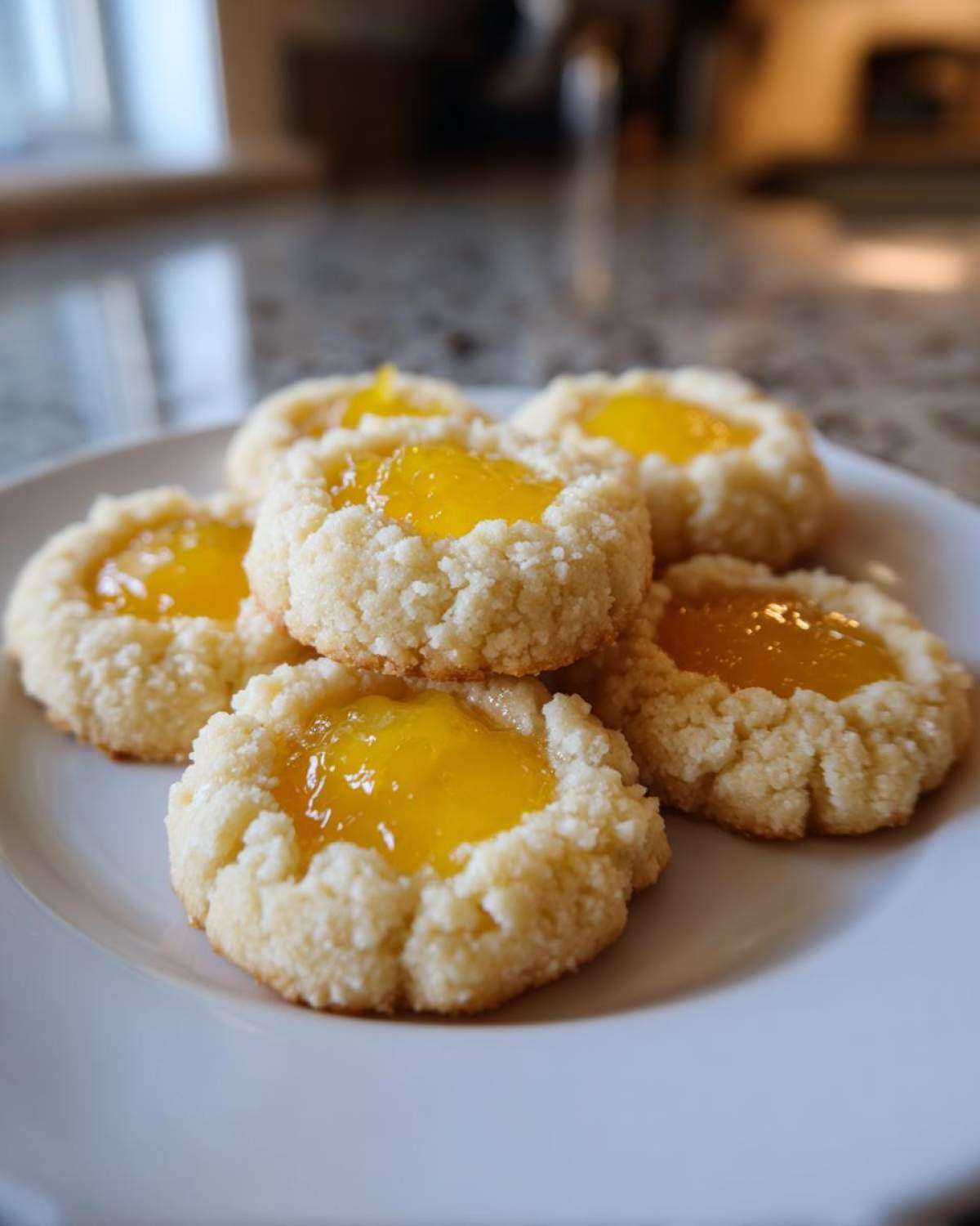 A stack of five buttery Lemon Curd Thumbprint Cookies with bright yellow centers served on a white plate.
