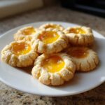 A plate of freshly baked Lemon Curd Thumbprint Cookies with bright yellow centers.