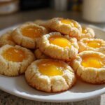 A close-up of several golden Lemon Curd Thumbprint Cookies piled on a white plate, featuring bright yellow centers.