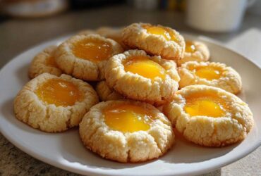 A close-up of several golden Lemon Curd Thumbprint Cookies piled on a white plate, featuring bright yellow centers.
